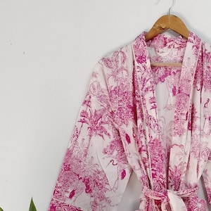 Hand Block Printed Cotton Kimono Robe: Bird Floral Print Dressing Gown