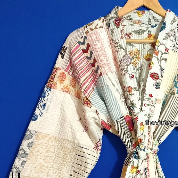 Nouveau kimono court matelassé kantha en patchwork de coton pour femmes portant un manteau vintage en tissu de coton fait main pour le festival