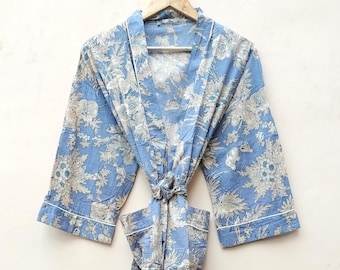Cotton Kimono Robe: Bird Print Soft Bath Robe, Wrap Dress
