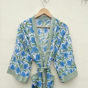 Handmade Cotton Kimono Robe: Bird Print Paisley Loungewear