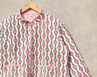 Abrigo reversible de chaqueta acolchada de algodón con estampado de bloques a mano, abrigo de algodón Sari Kantha, abrigo de chaqueta corta, estampado de bloques de algodón