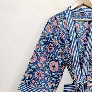 Cotton Kimono Robe Dressing Gown, Block Print Bridesmaid Robe, Summer Nightwear, One Size