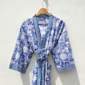 Bata kimono de algodón con estampado de bloques: chaqueta abierta con estampado floral