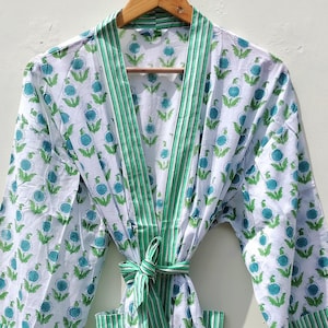 Kimono de algodón con estampado a mano: prenda playera india