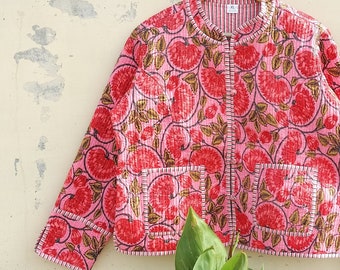 Reversible Block Print Cotton Quilted Jacket: Indigo Short