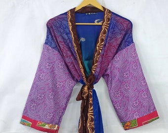 Vintage Seiden-Saree-Kimono-Robe, lange Strandkleidung, Bridsmen-Roben, Seide, Vertuschung, Nachtkostüm, Lieferkleid, 132 cm Länge
