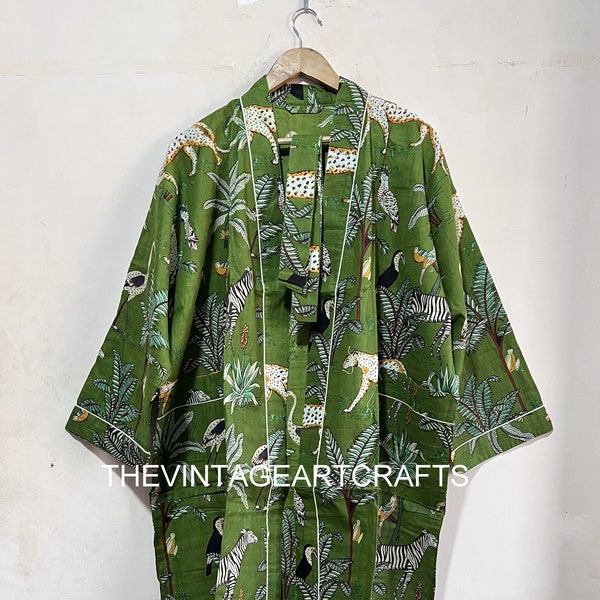 cotton Jungle Safari Print Cotton Kimono Robe, Bridesmaid Robe, Cotton Robe, Bath Robe, Maternity Robe, Dressing Gown