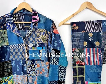 indigo patchwork Pure Cotton P J Set, Payjama Set ,Indian Cotton,Night Wear, Soft Cotton Night Suit,See Green Colour