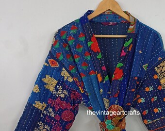 Kimono Boho fatto a mano, giacca kantha trapuntata in cotone hippie, abito kantha reversibile, kimono cucito kantha, giacca da lavoro patch Taglia libera