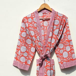 Block Print Cotton Kimono Robe: Floral Festival Clothing