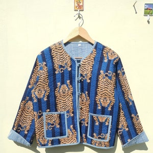 Handgemachte Baumwolle Steppjacke: Indischer Tiger Print Partymantel