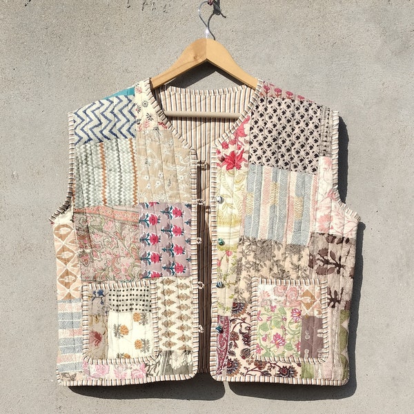 Sleeeveless Beige Patchwork jacket With Front Two Pockets , New Style jacket Patchwork