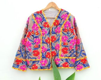Chaqueta Suzani bordada hecha a mano: abrigo bohemio indio