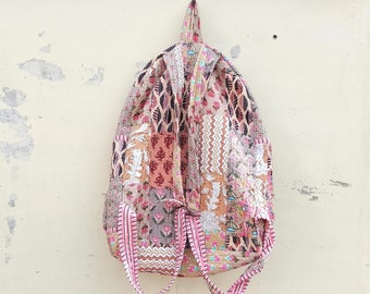 Pink Block Print Quilted Cotton Backpack – Boho Floral  display picture 2