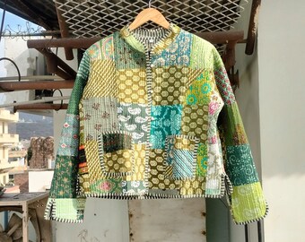 Green Color Handmade Patchwork Jackets, Indian Cotton Handmade Winter Jacket Coat, Bohemian Style Jacket, Unisex Short Quilted Kantha Jacket