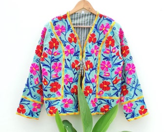 Handmade Suzani Embroidery Cotton Jacket: Bohemian Short Bomber Coat