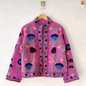 Dark Pink Handmade Suzani Embroidery Jacket Beautiful Flower New Printed TNT Embroidery Coat Women Wear Fabric Short Jacket Gift For Her