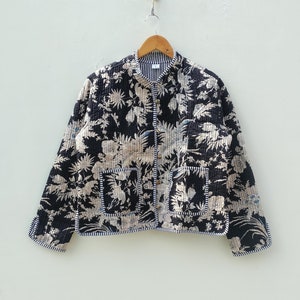 Indian Handmade Quilted Cotton Flower Block Printed Jacket Women Short Jacket With Collar Jacket Reversible Women Fabric Jacket Gift For Her