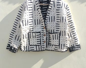 Block Print Quilted Cotton Jacket: Reversible Boho Coat