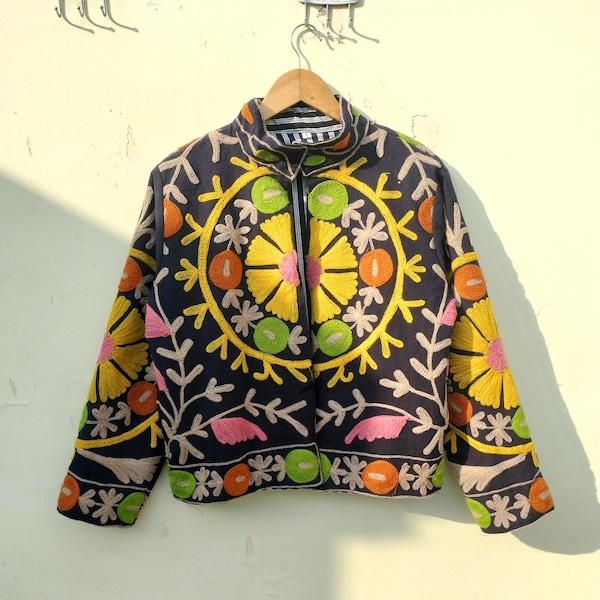 Handmade Suzani Embroidered Cotton Coat: Boho Short Caftan