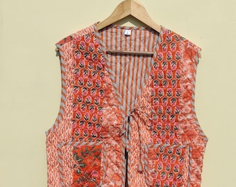 ハンドメイドカンタキルトベスト：ヴィンテージパッチワークコットン