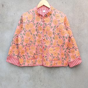 Handmade Indian Cotton Quilted Jacket: Orange Floral Reversible Coat