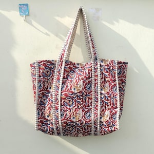 Quilted Cotton Bagru Hand Printed Lager Tote Bag Eco Friendly Sustainable Study Grocery Shopping Handmade Artist Boho Reversible Tote Bag