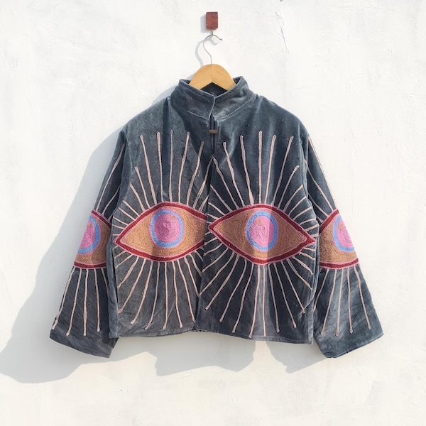 Handmade Suzani Embroidered Velvet Jacket: Boho Women's Coat