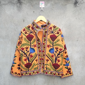Orange Suzani Embroidery Jacket: Handmade Floral Short Coat