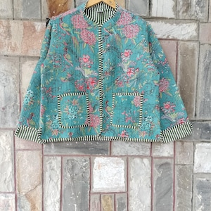 New Quilted Cotton Reversible Jacket Indian Handmade Reversible Jacket Bird And Flower Printed Jacket And Stripe Piping Coat Gift For Her
