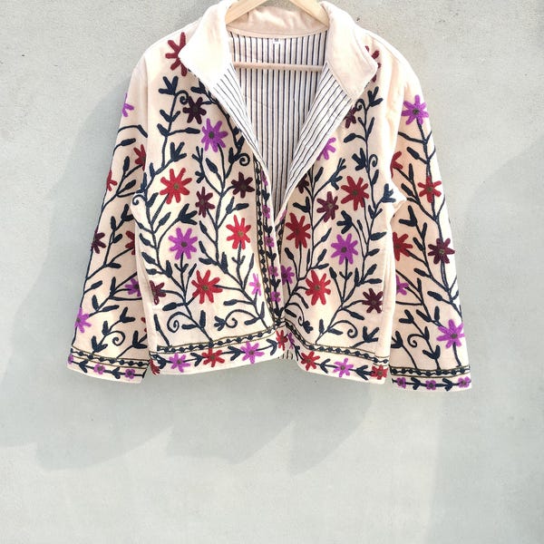 Handmade Suzani Velvet Jacket: Embroidered Boho Outerwear For Women