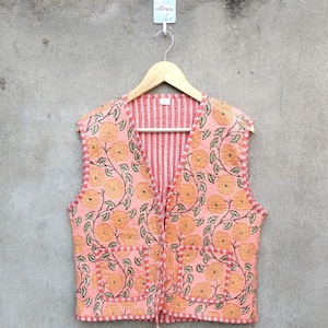 Handmade Cotton Quilted Jacket: Indian Block Print Floral Vest