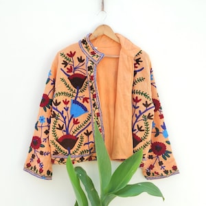 Handmade Suzani Embroidery Jacket ,Winter wear Jacket coat ,Women coat, Suzani short jacket ,TNT fabric suzani jacket Robe