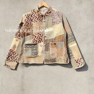 Giacca trapuntata patchwork con stampa a blocchi fatta a mano: cappotto in cotone boho