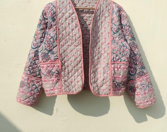 Hand Block Print Quilted Cotton Jacket: Reversible Women's Coat