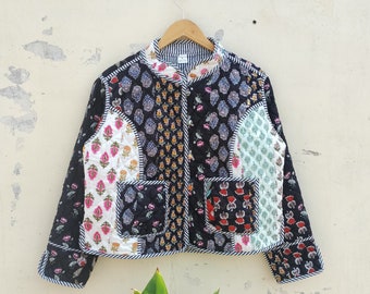 Indian Handmade patchwork Vintage Quilted Jacket Coats ,New Style, Boho, Cotton Jacket Short White Leaf Black Stripe Piping