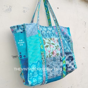 Quilted Cotton Patchwork Tote Bag: Floral Print Travel Shoulder Bag