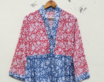Hand Block Floral Print Cotton Gauze Dress: Red & White Summer Mini