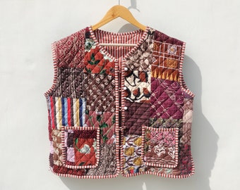 Ärmellose Patchwork-Jacken aus Baumwolle, handgefertigter Winterjackenmantel aus indischer Baumwolle, Jacke im Boho-Stil, gesteppte Kantha-Jacke