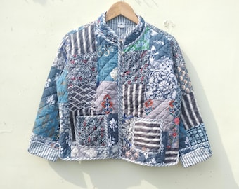 Jaqueta Boho acolchoada com patchwork feito à mão: casaco de algodão reversível