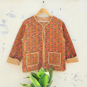 Reversible hand block print cotton quilted jacket coat Jacket, Cotton Sari Kantha Coat, Short Jacket Cotton Quilted Jacket,Block Print Coat