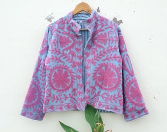 Handmade Suzani Embroidery Cotton Jacket: Indian Hippie Boho Coat