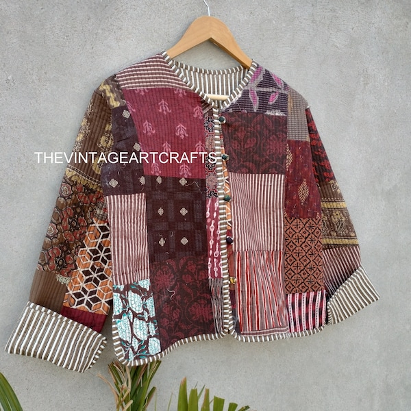 cotton  Patchwork Jackets, Indian Cotton Handmade Winter Jacket Coat, Bohemian Style Jacket, Unisex Short Quilted Kantha Jacket,