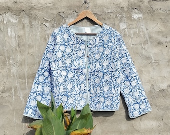 Veste matelassée indienne vintage faite main, manteaux, nouveau style, bohème, veste en coton courte feuille bleue passepoilée à rayures bleues