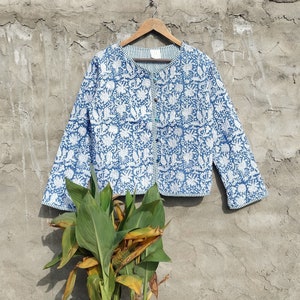 Organic Quilted Indian Cotton Jacket Reversible Block Print Fabric , Blue Warm Jacket Quilted Jacket Boho New Style Jacket Gift For Her