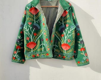 Handmade Indian Velvet Jacket: Embroidered Floral Boho Outerwear