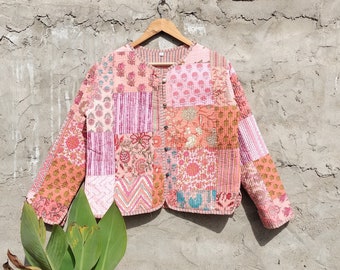 Cotton Quilted Jacket Women Wear Front Open Kimono Stripe piping HandMade Vintage Quilted Jacket , Coats , New Style, Boho..double side wear