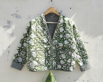 Indiase handblok print stof gewatteerde jas korte kimono streep leidingen handgemaakte vintage gewatteerde jas, jassen, nieuwe stijl, Boho dubbel