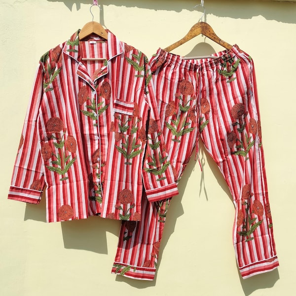 Conjunto de pijama de algodón indio: ropa de dormir de verano con estampado floral a rayas