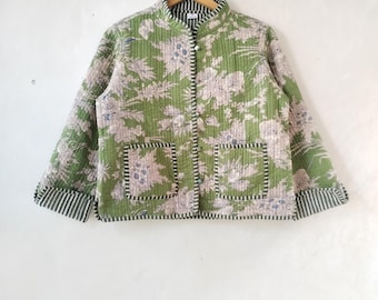 Hand Block Print Quilted Cotton Jacket: Reversible Women's Coat
